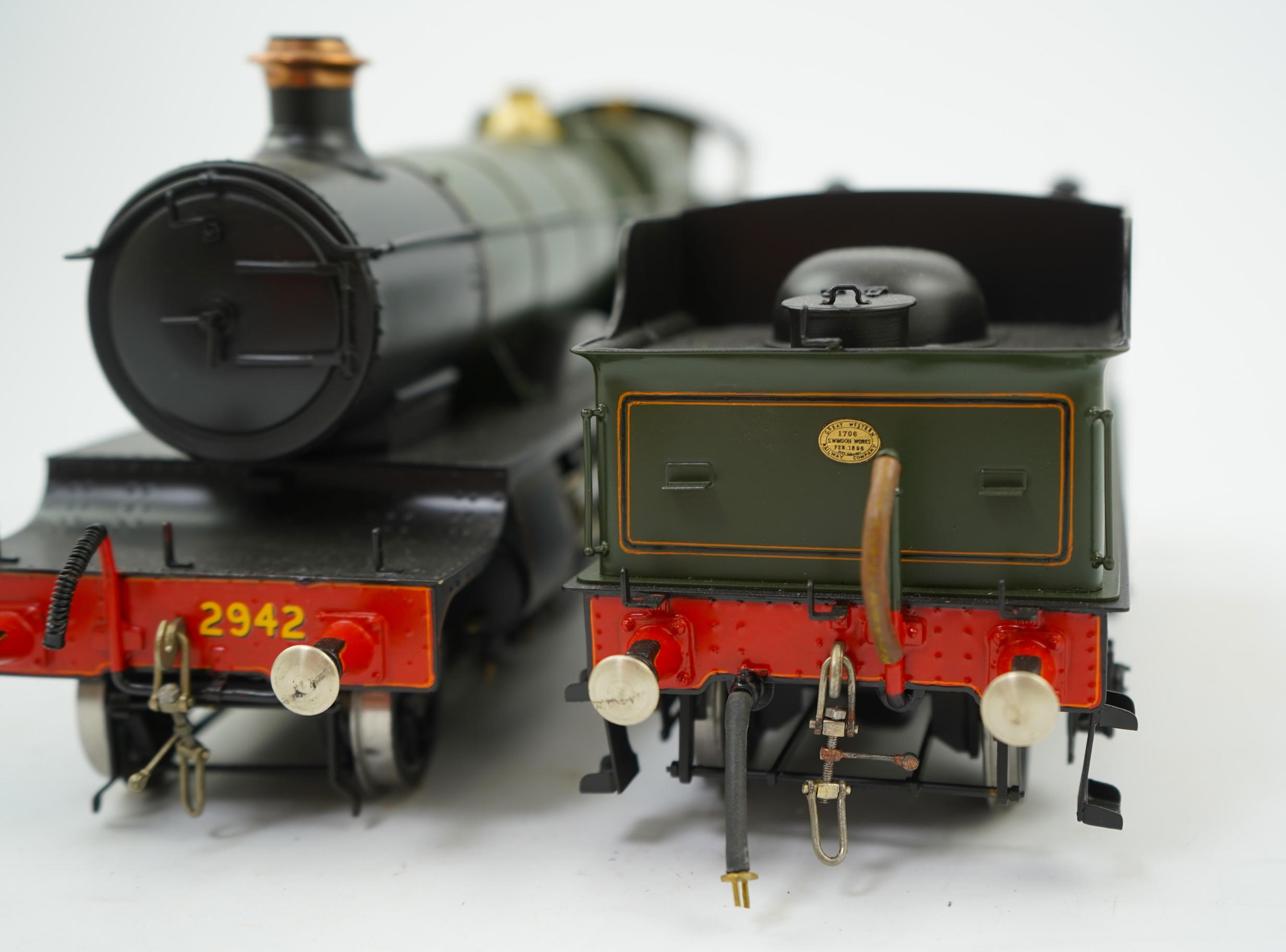 A Gauge One model of GWR Saint Class Fawley Court 2942, 4-6-0 tender locomotive, the model is unpowered, possibly to allow for the detailing between the frames.